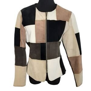 Vintage 90s Patchwork Jacket 100% Leather Suede Full Zip Womens M Y2K Boho